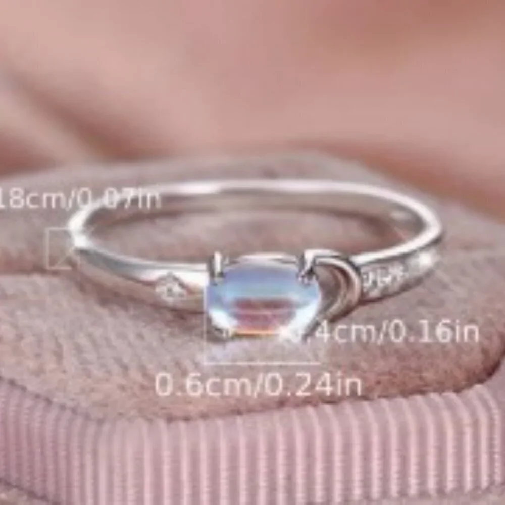 Silver-plated S925 Moonstone Ring with Star and Moon Women size 7